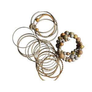 Mixed metal multi bangle bracelet set with wrap beaded bracelet and copper cuff